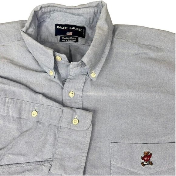 Polo Ralph Lauren Polo Bear Size XL Big Shirt Button Up Long Sleeve Blue Vintage - Picture 1 of 9